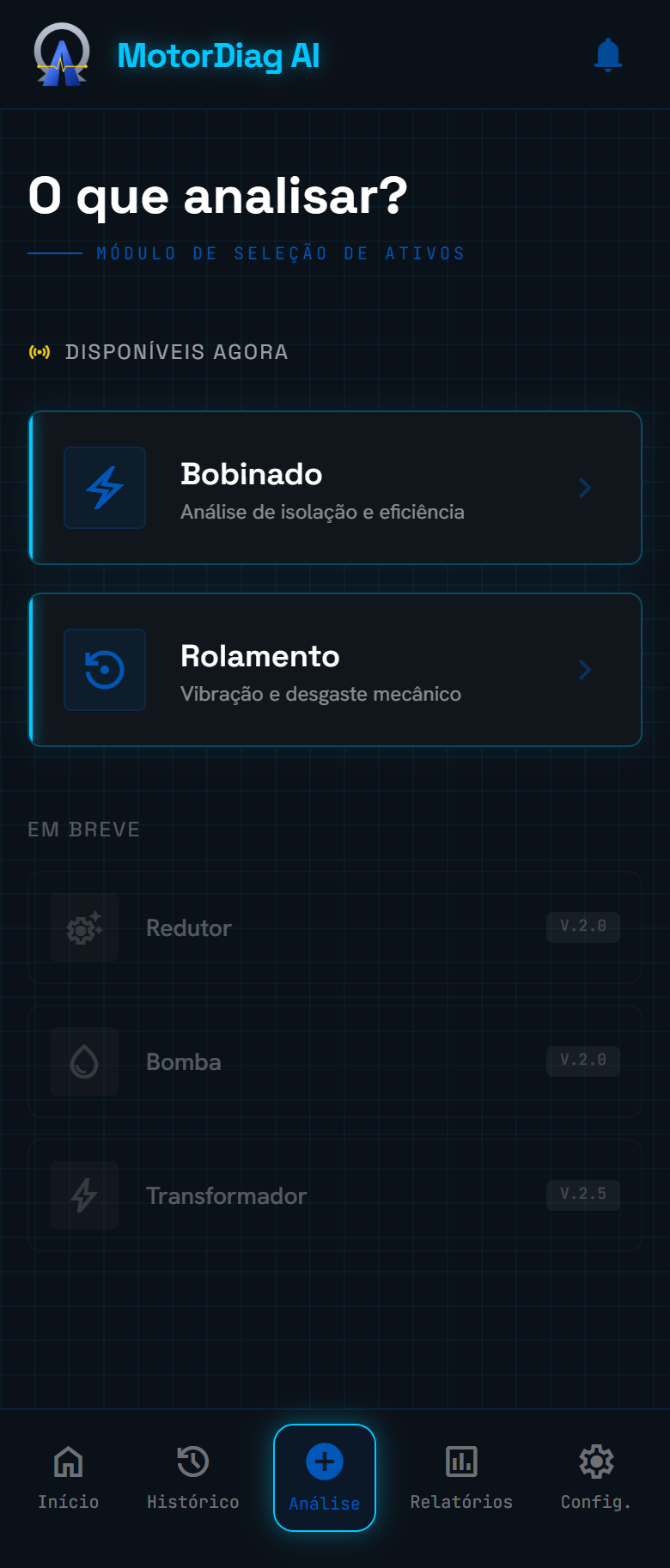 Tela de seleção de componente para nova análise no MotorDiag AI