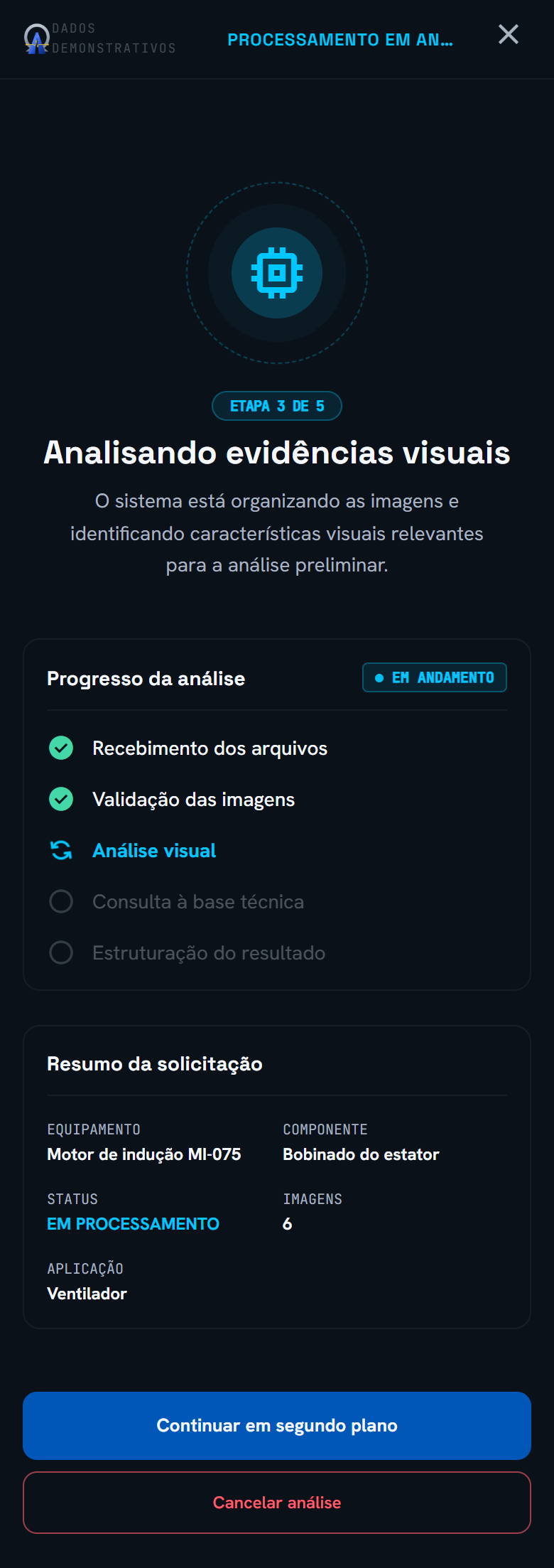 Tela de processamento em andamento da análise no MotorDiag AI